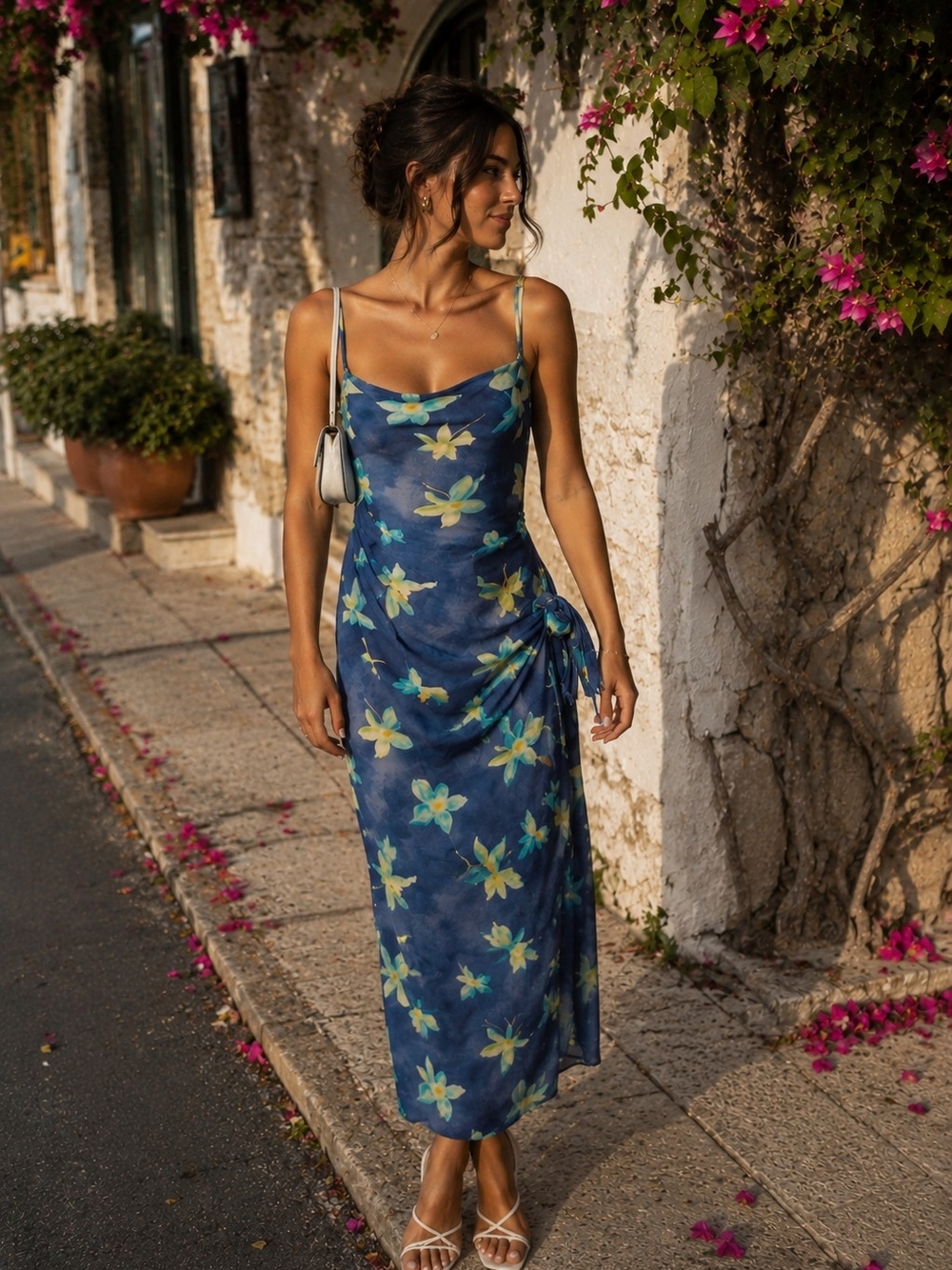 Vintage Hugo Buscati Blue Floral Slip Midi Dress Cowl Neck Tie Side Size 10